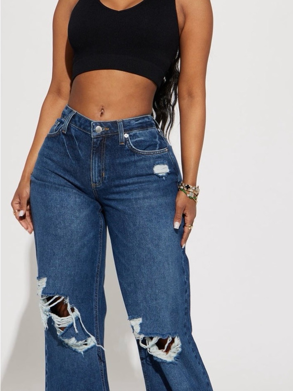 Fashion Nova Dark Blue Distressed Wide-Leg Jeans